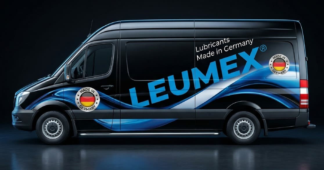 Auslieferungsfahrzeug mit LEUMEX-Beklebung „Lubricants Made in Germany“