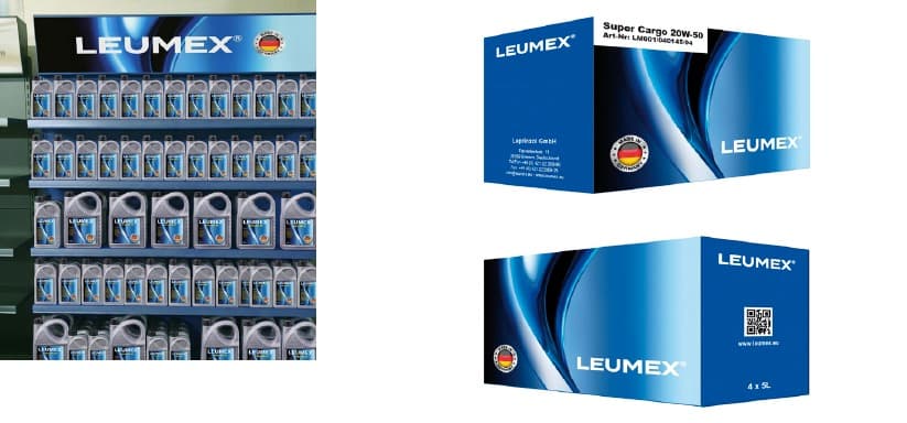 LEUMEX Produkte im Regal sowie Versandkartons